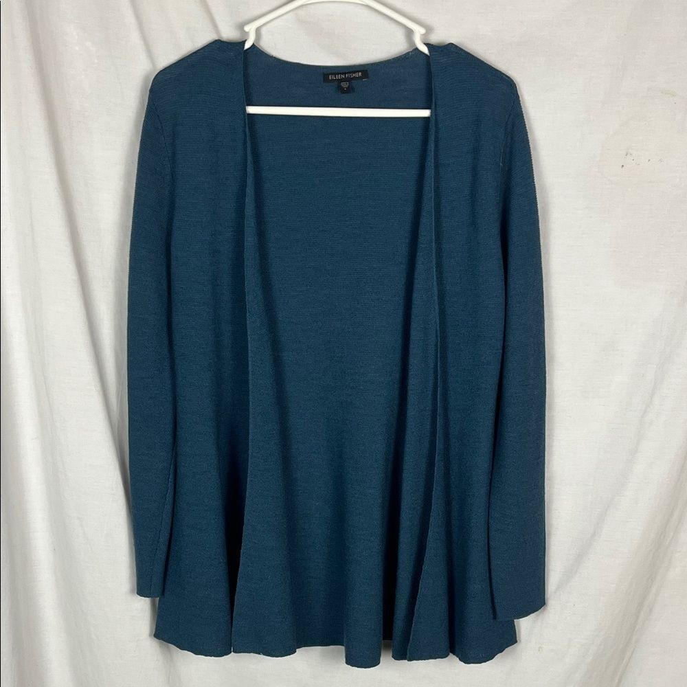 Eileen Fisher Dark Blue Lightweight Italian Wool 3/4 Sleeve Cardigan